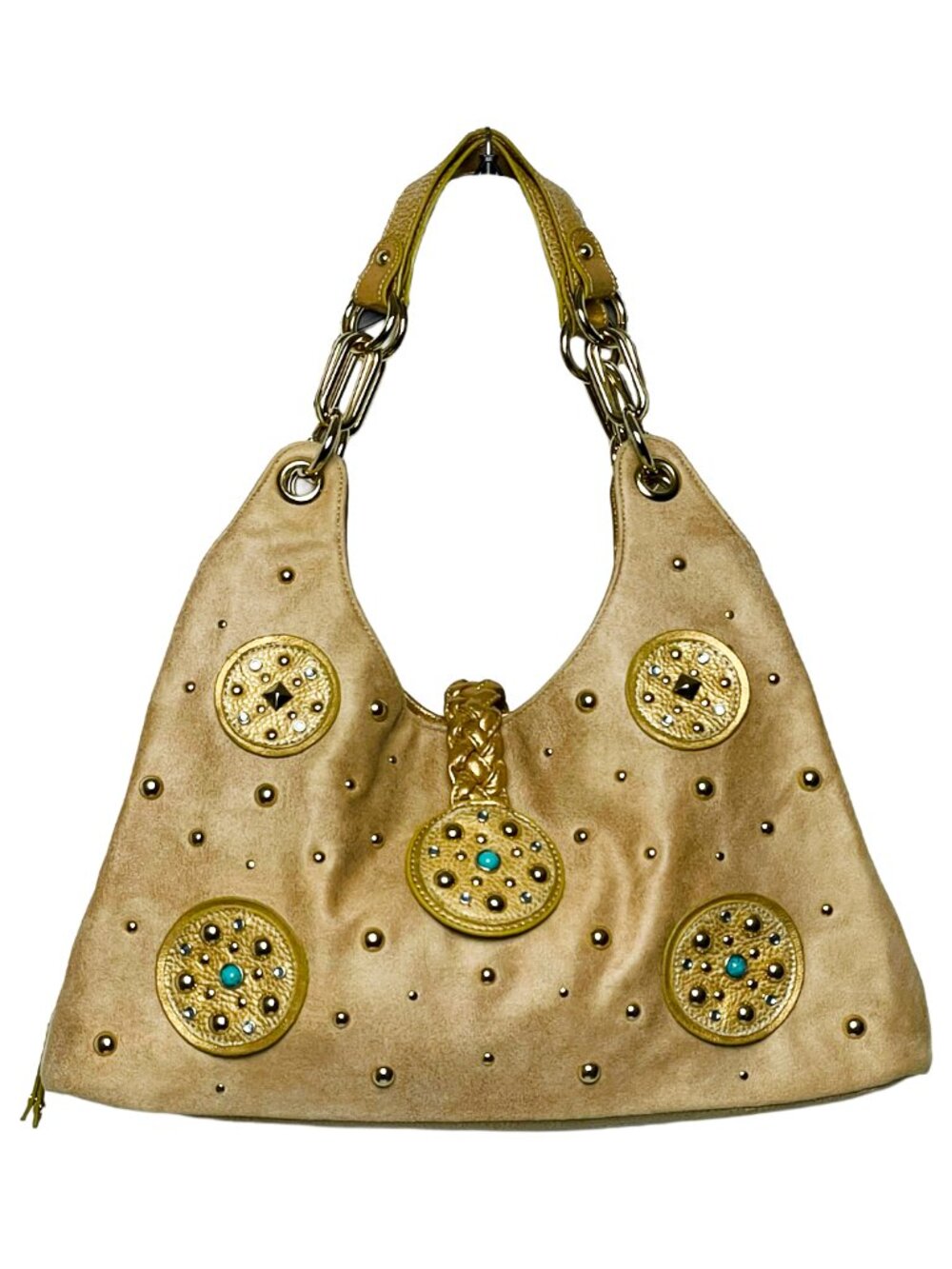 Tan Gold Studded Hobo Bag Turquoise Accents Y2K Boho Shoulder Bag